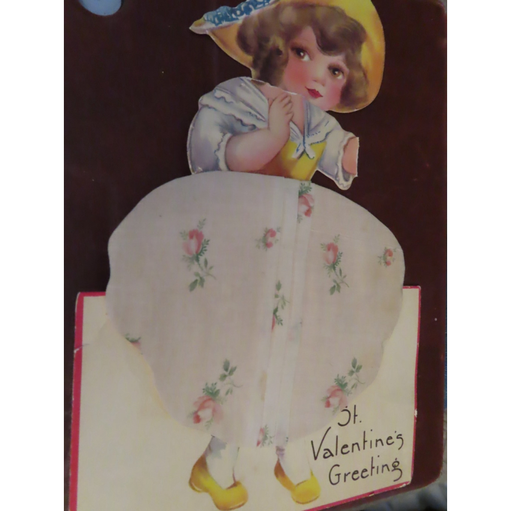 Vintage St. Valentine Day Greeting Card Cut-out girl Fabric Skirt
